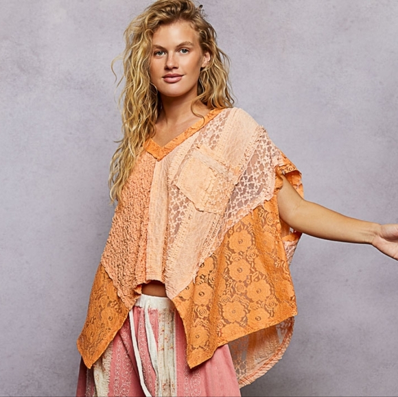 POL Lace Patchwork Asymmetrical Drape Shirt Oversized V-Neck Exposed Seam Top - Picture 9 of 12